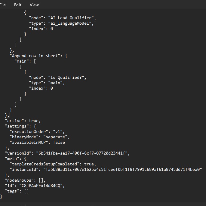 Exported n8n workflow JSON configuration for the client intake automation