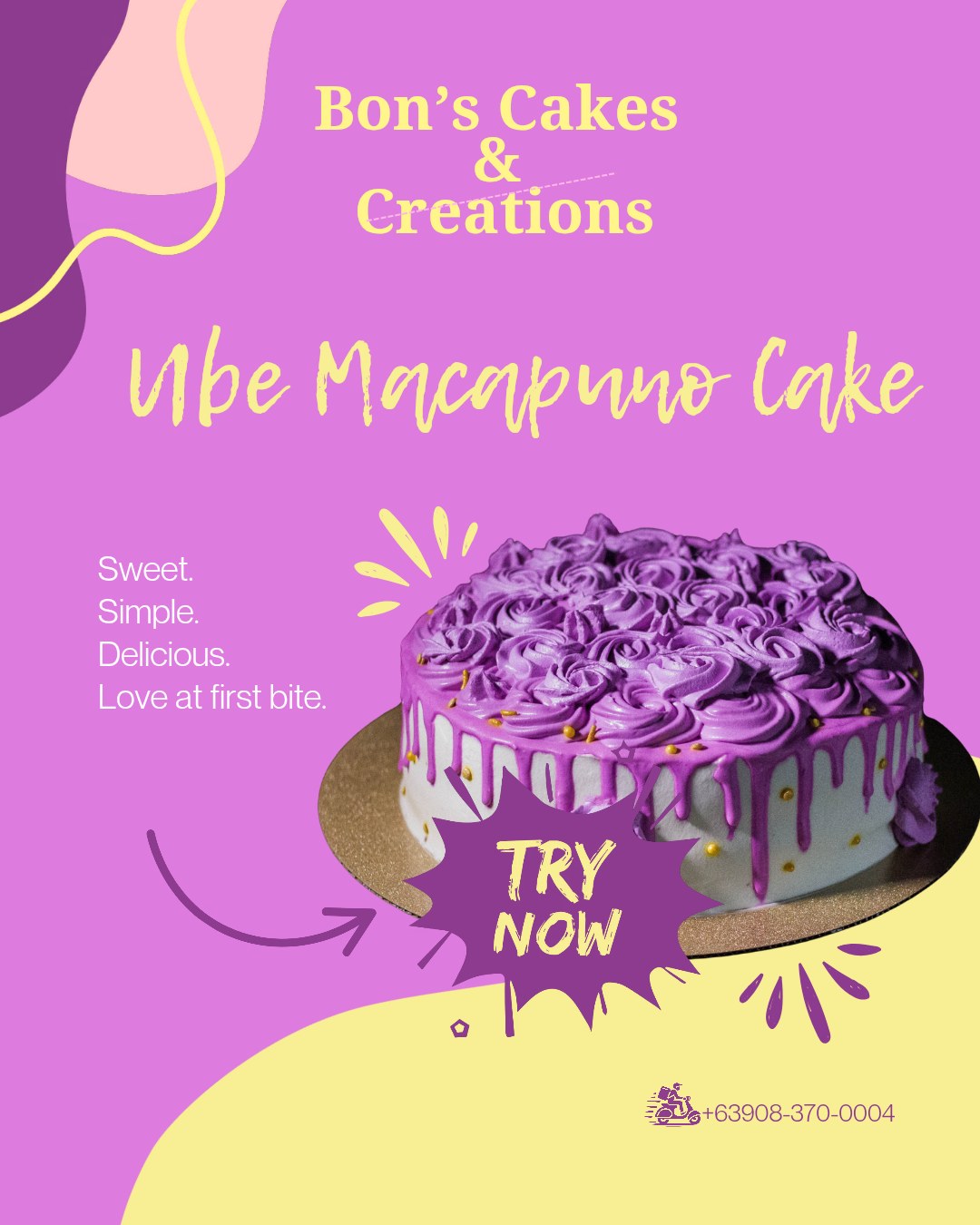 Bon's Cakes and Creations Ube Macapuno cake promotional flyer