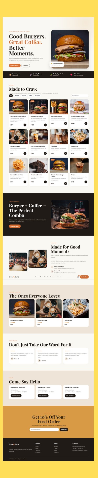 Brew and Buns burger and coffee shop website design, built with ChatGPT Codex